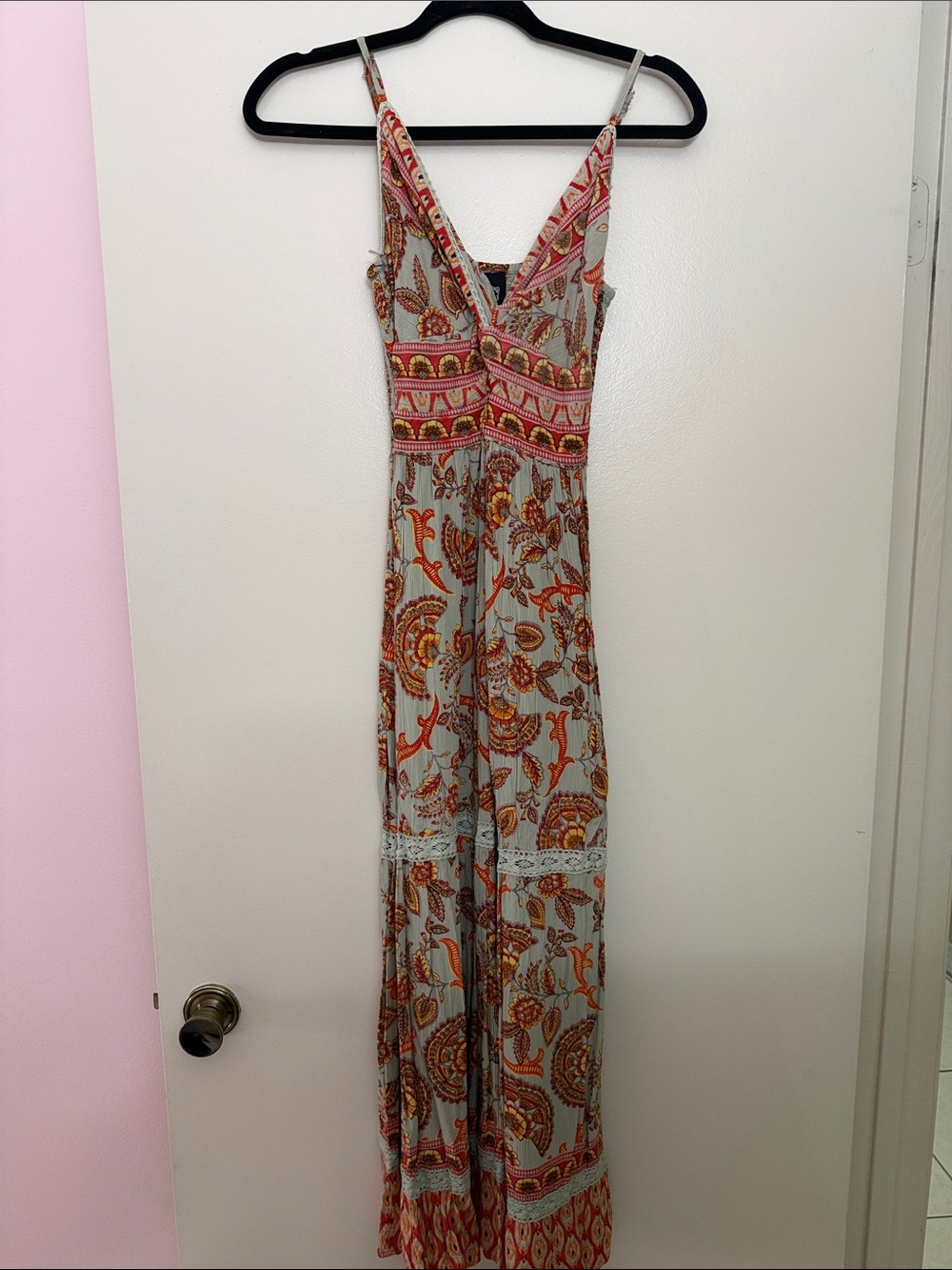 Angie V-Neck Floral Maxi Dress in Light Blue and Orange
